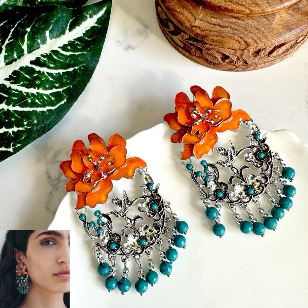 2/$30🌵 Orange Flower Silver Tone Bird Teal Bead Earrings Chandelier NEW Gift